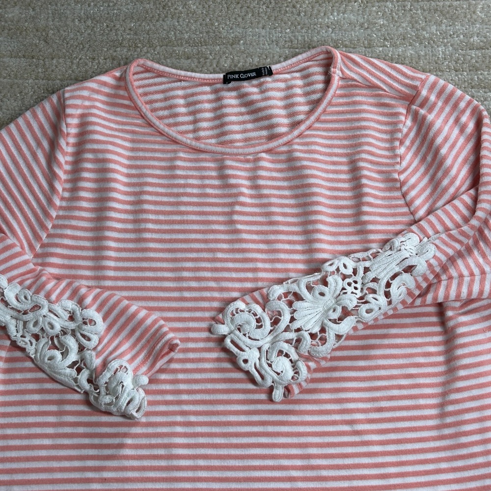 Pink Clover Women Coral White Striped Crochet Lace Sleeve Knit Top Size M